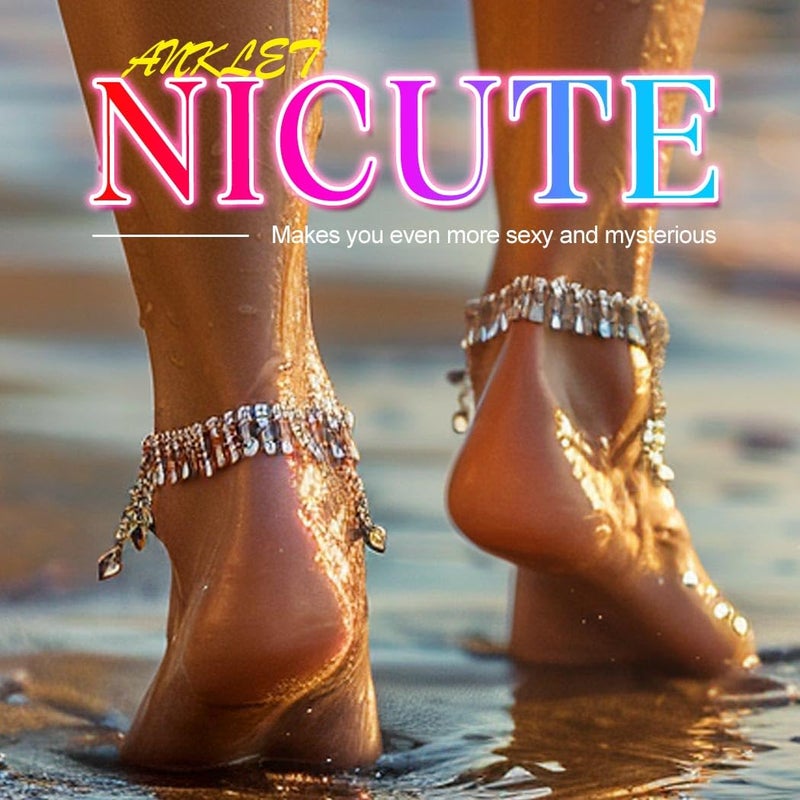Nicute Boho Pearl Barefoot Sandals Anklet Rhinestone Silver Star Anklet Chain Wedding Summer Beach Foot Chain Jewelry for Women (2 Pieces) - Image 2